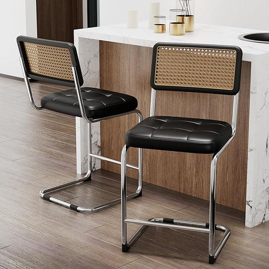 Alunaune 24inch Black Rattan Barstools Set of 2, Upholstered Modern Counter Bar Height Stools with Metal Chrome Legs for Living Room-PU Seat