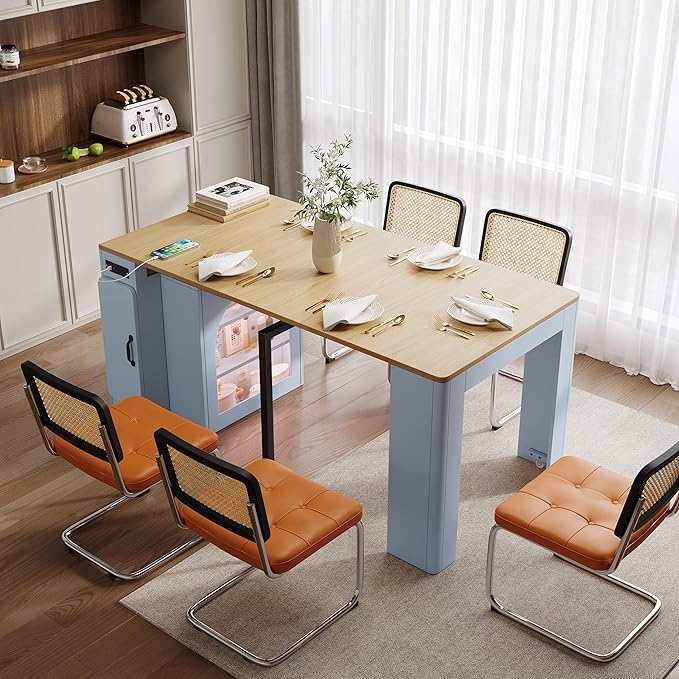 15.6"-59" L x 32.7” W Extendable Dining Table with 3 Removable Middle Leaves Arched Glass Door Power Outlet USB Ports Leveling Feet MDF Kitchen Island Bar Table for Small Spaces Grey-Blue,Natural