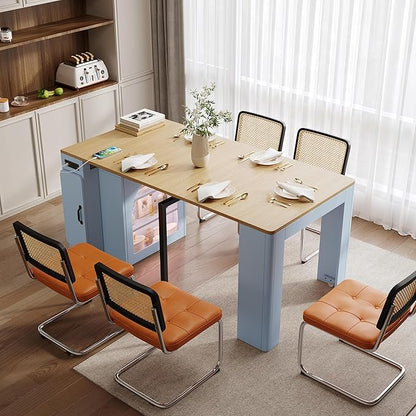 15.6"-59" L x 32.7” W Extendable Dining Table with 3 Removable Middle Leaves Arched Glass Door Power Outlet USB Ports Leveling Feet MDF Kitchen Island Bar Table for Small Spaces Grey-Blue,Natural