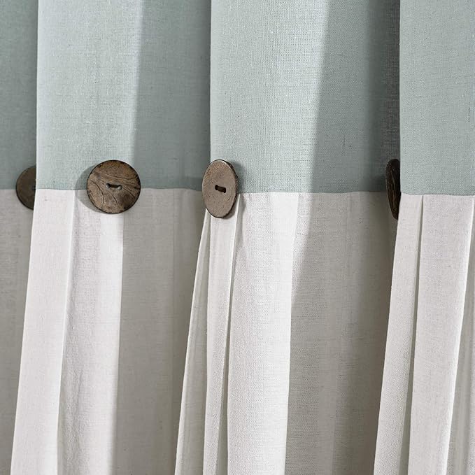 Lush Decor Linen Button Window Curtain Panel, Single, 100" W x 84" L, Blue & White - Country Curtains - Rustic Decor - Color Block Modern Farmhouse Curtains For Living Room, Bedroom & Dining Room