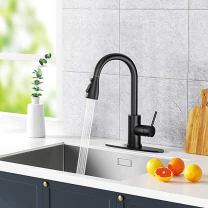 Kitchen Faucet with Pull-Down Spray Single Handle high arc Commercial Stainless Steel Matte Black Kitchen Sink Faucet with Deck Suitable for bar Laundry RV Farmhouse (Matte Black)