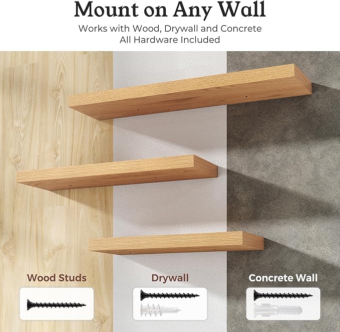 Floating Shelves for Wall, 9.3" Deep Wall Mounted Wood Shelves for Bathroom, Bedroom, Living Room, Kitchen, Hanging Shelf for Books/Storage/Room Decor (Oak, 30")