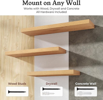 Floating Shelves for Wall, 9.3" Deep Wall Mounted Wood Shelves for Bathroom, Bedroom, Living Room, Kitchen, Hanging Shelf for Books/Storage/Room Decor (Oak, 30")