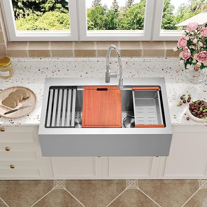 Farmhouse Kitchen Sink 33 x 22 Drop In, 50/50 Double Bowl Farm Sinks, 16 Gauge Stainless Steel Workstation Sink with Ledge & Accessories, 33" x 22" x 10" Large and Deep Double Sink
