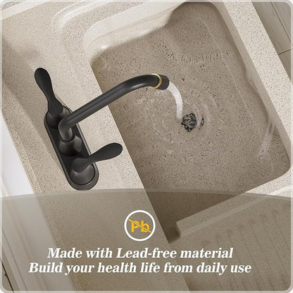 Phiestina Black Utility Sink Faucet 3 Hole, Laundry Sink Faucet with Pull Out Sprayer, Long Spout Dual Handle Modern Bathroom Faucet, 4 Inch CenterSet Laundry & Utility Room Sink Faucets, LF36CL-2M-MB