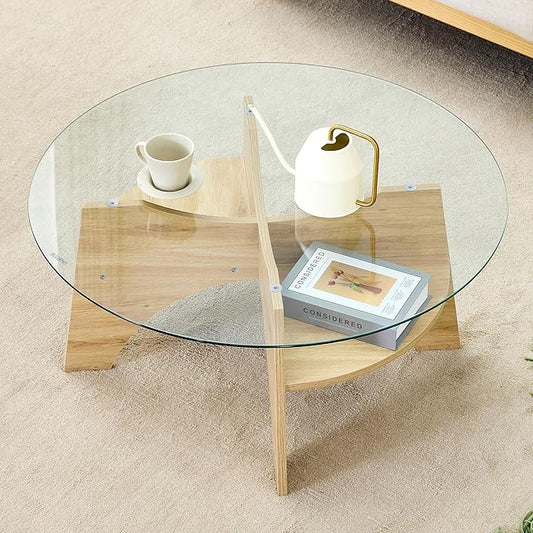 Round Coffee Tables, 31.5" Simple Glass Coffee Table with Tempered Glass Top and MDF Base, Diagonal Fan-Shaped Tray Design Table Leg Modern Center Table for Living Room Wood