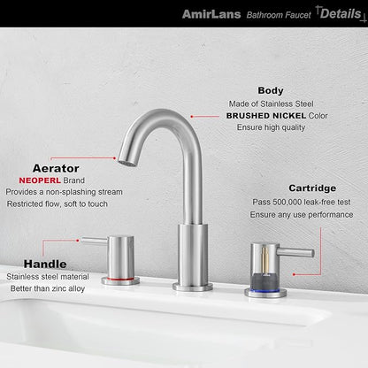 Brushed Nickel Bathroom Faucet 3 Hole, 2 Handle Bathroom Sink Faucet, 8 Inch Widespread Bathroom Faucets, Stainless Steel Vanity Faucet for Bathroom Sink with Pop Up Drain, AML-21754-BN