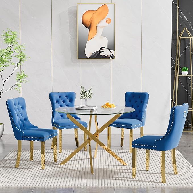 Glass Dining Table,36'' Round Dining Kitchen Table,Modern X-Design Dining Room Table with Gold Metal Base for Dining Room