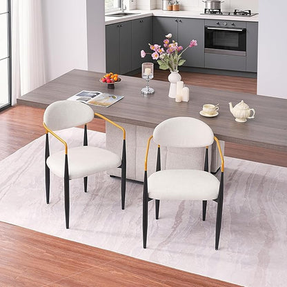 Modern Upholstered Accent Chair Set of 2 with Gold Accented Armrests, Ergonomic Barrel Back, Padded Fabric Seat, Metal Frame for Dining Room, Kitchen Island, Counter, Office (Beige,Dining Chair)