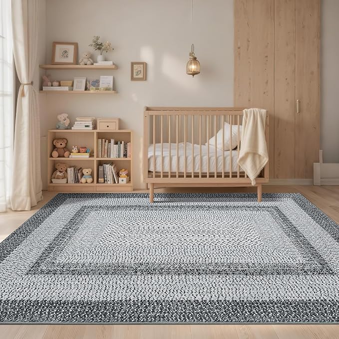 Washable Area Rug 10x13 Rug for Living Room Modern Rugs for Bedroom Grey Rug Imitation Braided Large Area Rug Non Slip Throw Rugs Stain Resistant Carpet for Nursery Dining Room 10'x13' Grey