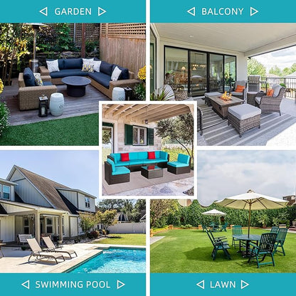 Shintenchi 7 Pieces Patio Furniture Sets Outdoor All-Weather Sectional Patio Sofa Set PE Rattan Manual Weaving Wicker Patio Conversation Set with Glass Table&Ottoman Cushion and Red Pillows, Blue