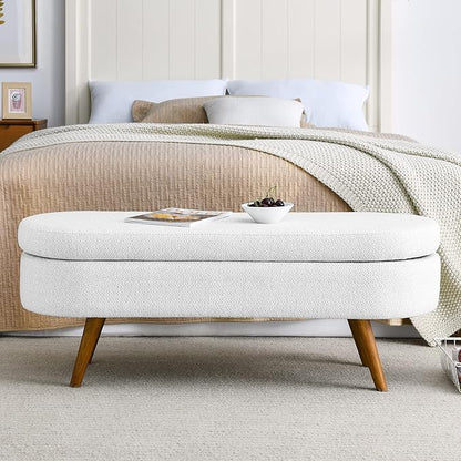 Modern Ottoman Bench with Storage - Versatile Bedside Pouf, Footstool, Toy Storage Ottoman for Bedroom, Living Room, Hallway Entryway, Multi-Use Furniture,White-Linen