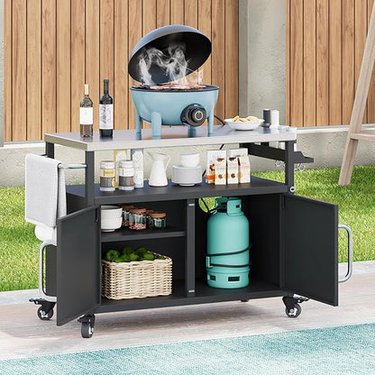 Modern Dining Table 54.5in Outdoor Kitchen Island with Stainless Steel Tabletop, Expandable Cabinet, Spice Rack, Towel Rack, Counter, Wood Console,Black-Metal-2