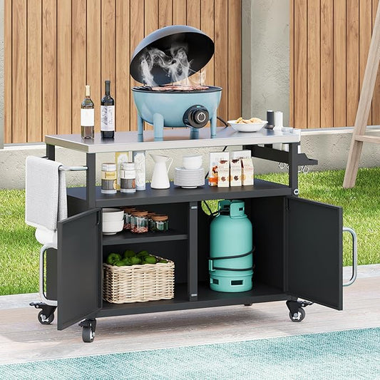 Merax 54.5" Outdoor Kitchen Island with Stainless Steel Tabletop, Metal Grill Cart Table with Storage Cabinet, Spice Rack and Towel Rack, Outdoor Bar Cart with 4 Lockable Wheels for BBQ, Black