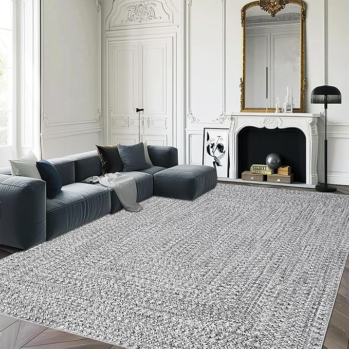 Washable Area Rugs 10x13 Modern Rugs for Bedroom Grey Rug Imitation Braided Soft Large Area Rug Non Slip Throw Rugs Stain Resistant Carpet for Nursery Dining Room Office 10'x13' Light Grey