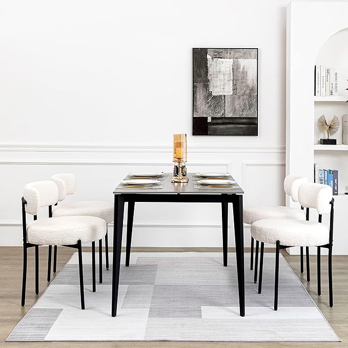 DYHOME White Boucle Dining Chairs Set of 4, Upholstered Kitchen Chairs with Thick Cushions and Metal Legs, Round Modern Dining Room Chairs