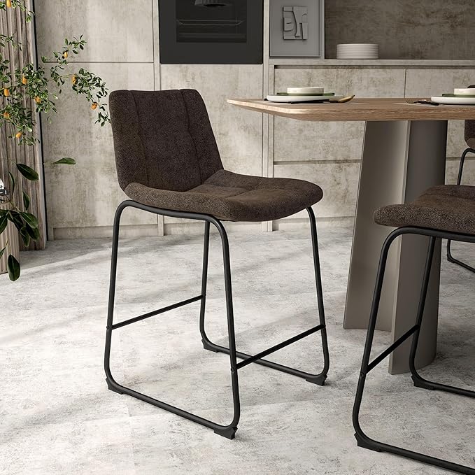 Furniture of America Veradis Modern Bentwood Counter Height Dining Chairs Set of 2, Chenille Fabric Bar Stool with Back and Metal Frame, Upholstered Seating for Kitchen, Living Room, Brown, 35 inch