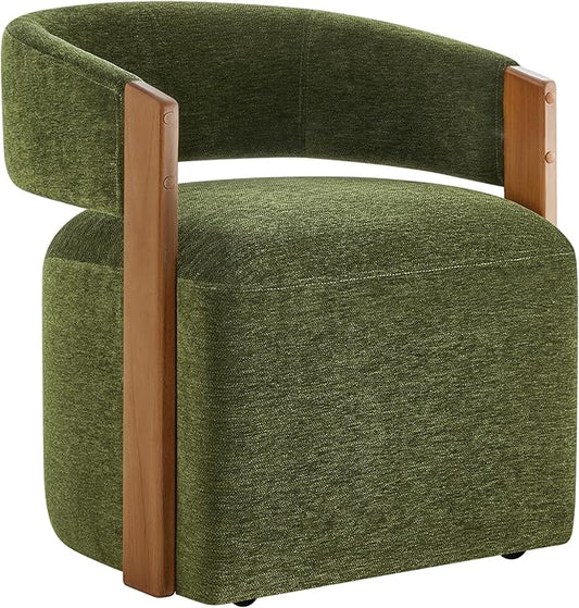 KISLOT Upholstered Dining Chair Set of 1, Barrel Modern Dining Room Chair with Casters, Kitchen Side Wooden Armchair with Fabric Cushion Seat for Bedroom, Livingroom, Reading Room, Green, 1 Box