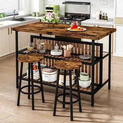 DKLGG 3 Piece Dining Table Set for 2,Kitchen Island with Seating & Storage,Industrial Bar Table and Chairs Set,Space-Saving Pub Table Set for Small Space (Rustic Brown)