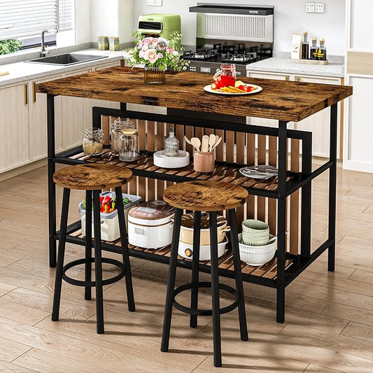 DKLGG 3 Piece Dining Table Set for 2,Kitchen Island with Seating & Storage,Industrial Bar Table and Chairs Set,Space-Saving Pub Table Set for Small Space (Rustic Brown)