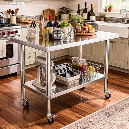 DWVO 30x24in Stainless Steel Table, NSF Metal Prep Worktable with Adjustable Shelf & Wheels for Kitchen Restaurant Hotel Garage Warehouse Home