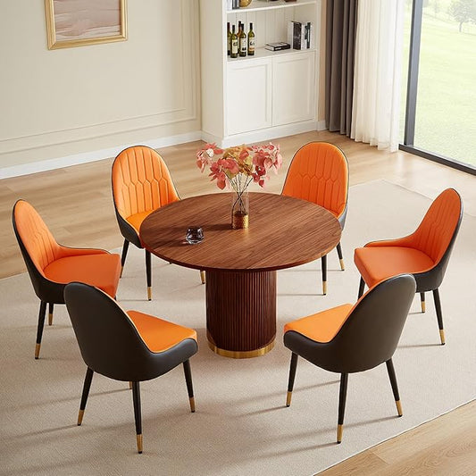Round Dining Table Set for 6, 46.46" Modern Farmhouse Dining Table and 4 Leather Dining Chair, Circle Kitchen Tables with Wood & Gold Stainless Steel Base for Living Room, Kitchen, Brown
