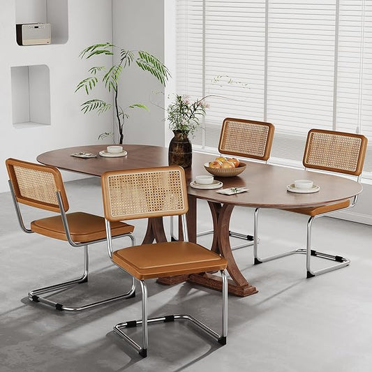 Alunaune Mid Century Modern Dining Chairs Set of 4, Upholstered Natural Rattan Kitchen Accent Chair, Armless Side Chairs with Metal Chrome Legs for Bedroom Living Room-Brown with PU Seat