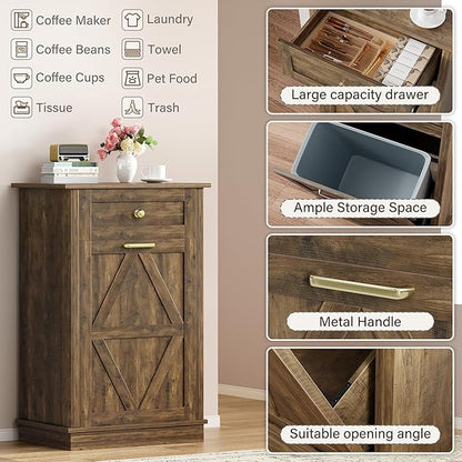 YESHOMY 10 Gallon Tilt-Out Trash Cabinet, Wooden Hidden Garbage Can Holder with Storage Drawers for Kitchen and Dining Room, Dark Brown (2 Piece)