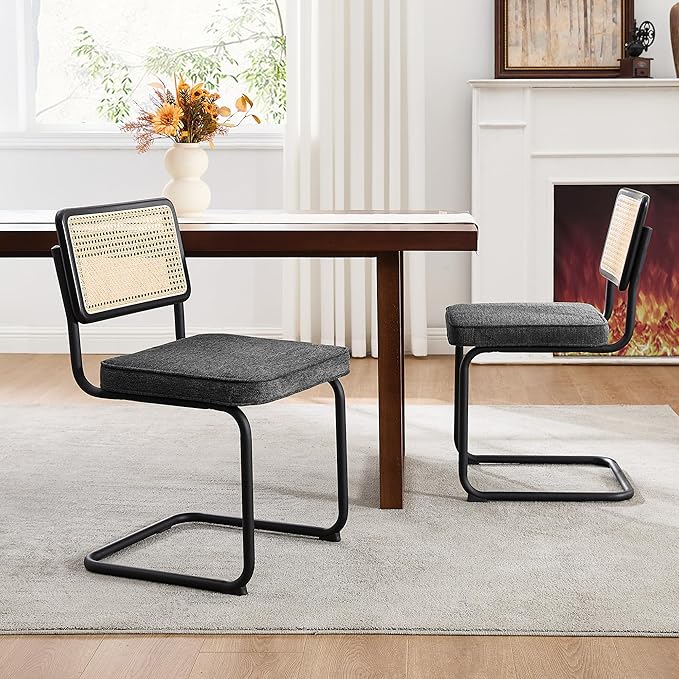 Zesthouse Rattan Dining Chairs Set of 2, Mid Century Modern Dining Room Chairs with Natural Cane Mesh & Black Metal Base, Ceaca Kitchen Chair with Upholstered Linen Fabric Cushion, Dark Grey