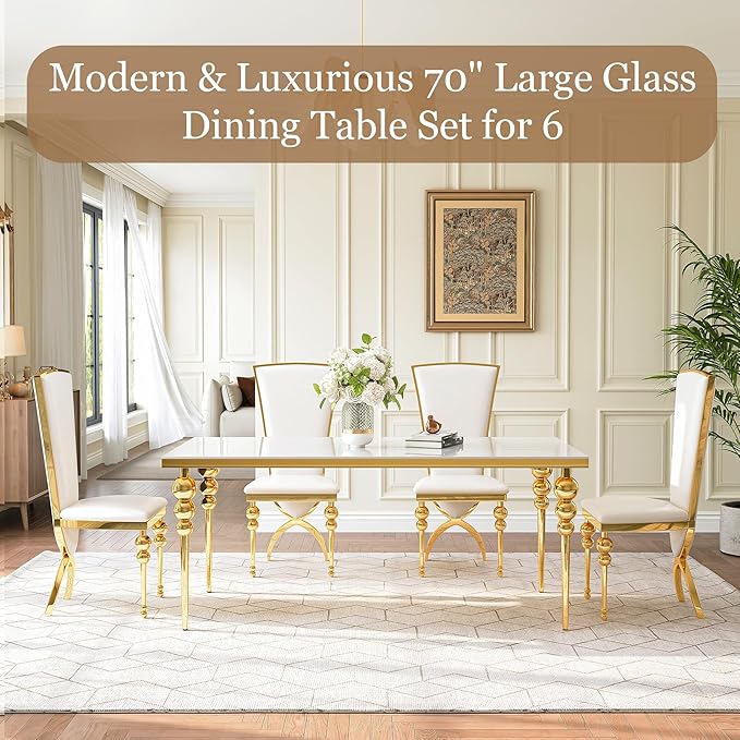 Glass Dining Table Set for 6, Luxurious 70 Inch Rectangular Glass Kitchen Table with 6 White High Back Leather Chairs, for Dining Room, Restaurant, Living Room (White Top)