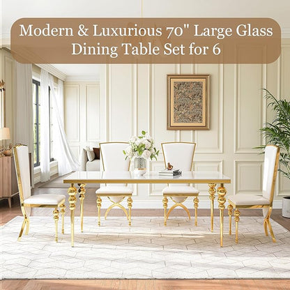 Glass Dining Table Set for 6, Luxurious 70 Inch Rectangular Glass Kitchen Table with 6 White High Back Leather Chairs, for Dining Room, Restaurant, Living Room (White Top)