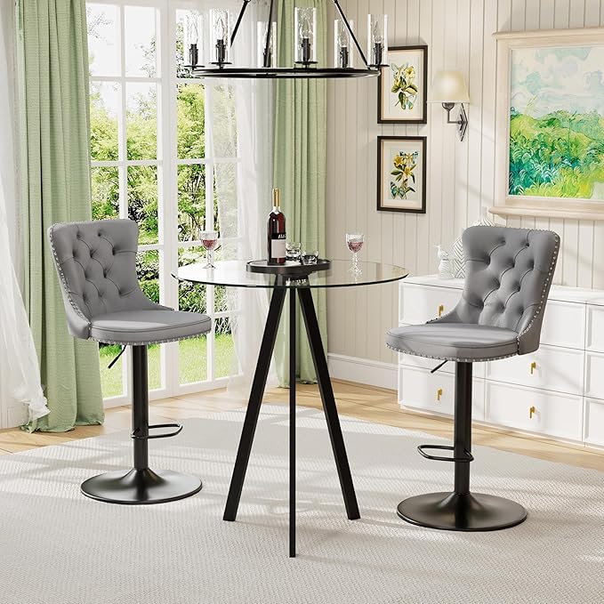 Clear Glass High Bar Table & 2 Adjustable Velvet Barstools Island Chairs, Round Farmhouse Bistro Pub Table Set of 3, Swivel Counter Height Chairs (Black Metal Legs, Clear Top + Grey Chair)