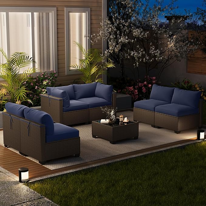 LOUVIXA 7 Piece Outdoor Patio Furniture Set, Outdoor Sectional Sofa, Wicker Rattan Patio Furniture, Patio Conversation Set with Coffee Table & Cushions