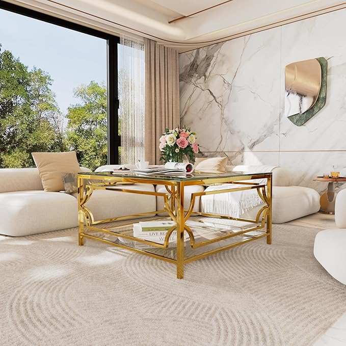 Harper & Bright Designs Square Glass Coffee Table in 33.5",Luxurious Geometric Metal Frame,Gold Finish & Lower Shelf