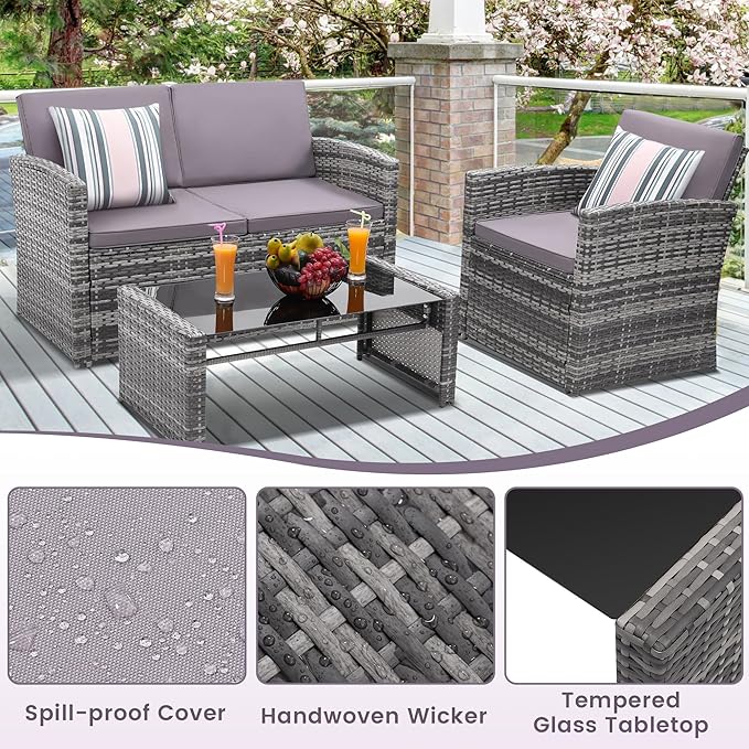 KROFEM 4-Piece Patio Furniture Set, Wicker Outdoor Rattan Sectional Sofa with Cushions and Glass Table, All-Weather Outdoor Conversation Set, Ideal for Garden, Porch, Backyard, Grey