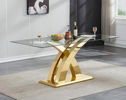 70" Large Glass Dining Table for 4 6 8, Modern Rectangular Glass Top Kitchen Table with Golden X-Design Stainless Steel Base, Luxury Dining Room Table for Dinner Kitchen Dining Room