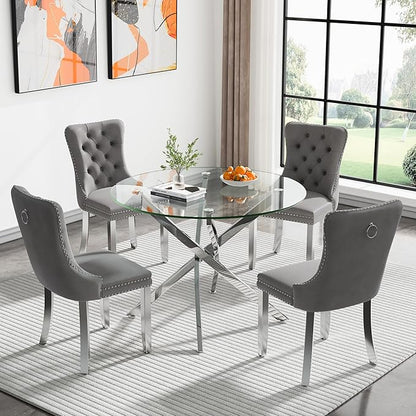 Glass Dining Table,36'' Round Dining Kitchen Table,Modern X-Design Dining Room Table with Silver Metal Base for Dining Room