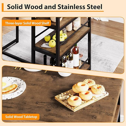 Bar Table Set for 2 with 3 Storage Shelves, Space-Saving Kitchen Table & Chairs with PU Cushions, Thick MDF Wood Top and Steel Frame for Apartment and Bistros - Brown