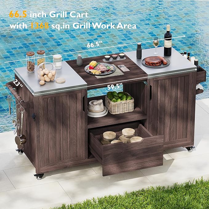 YOPTO Versatile 66.5" Outdoor Grill Cart for Big Green Egg,100% Fir Wood,Stainless Steel Top,Ample Storage,Weatherproof,6 Lockable Wheels,Dark Brown