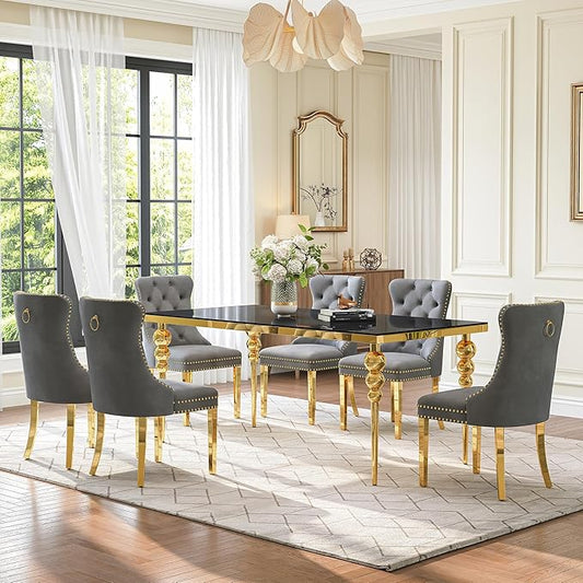 7 Piece Glass Dining Table Set, Modern 70 Inch Gold Rectangular Glass Kitchen Table, 6 Gray Exquisite Velvet Cushion Chairs for Living Room, Restaurant (Black-Top)