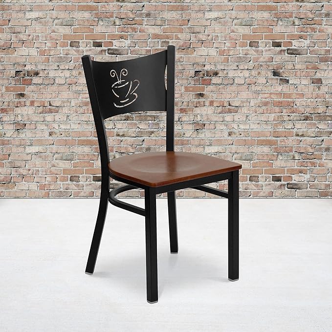 Flash Furniture HERCULES Series Black Coffee Back Metal Restaurant Chair - Cherry Wood Seat