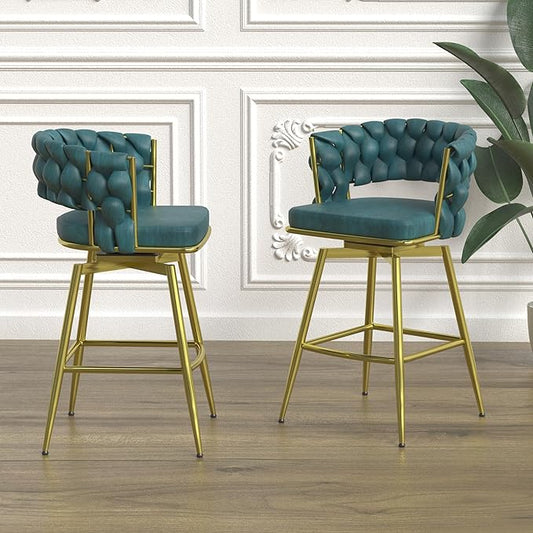 LUMISOL Bar Stool Set of 2, Golden Legs Bar Stools No Adjustable Kitchen Island Chairs Upholstered Bar Chair Counter Stool Arm Chairs with Back Footrest, Blue