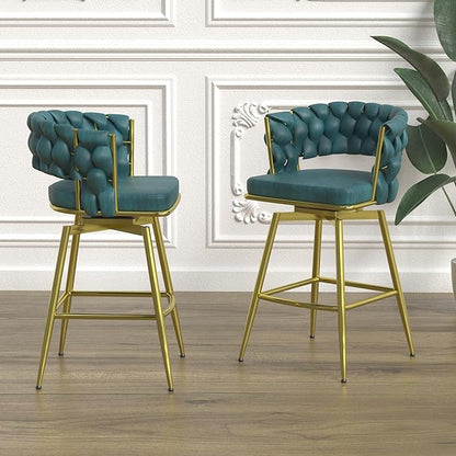 26" Bar Chair Suede Woven Bar Stool Set of 2,Golden Legs Bar stools No Adjustable Kitchen Island Chairs,360 Swivel Bar Stools Upholstered Bar Chair Counter Stool Arm Chairs with Back Footrest (Blue)