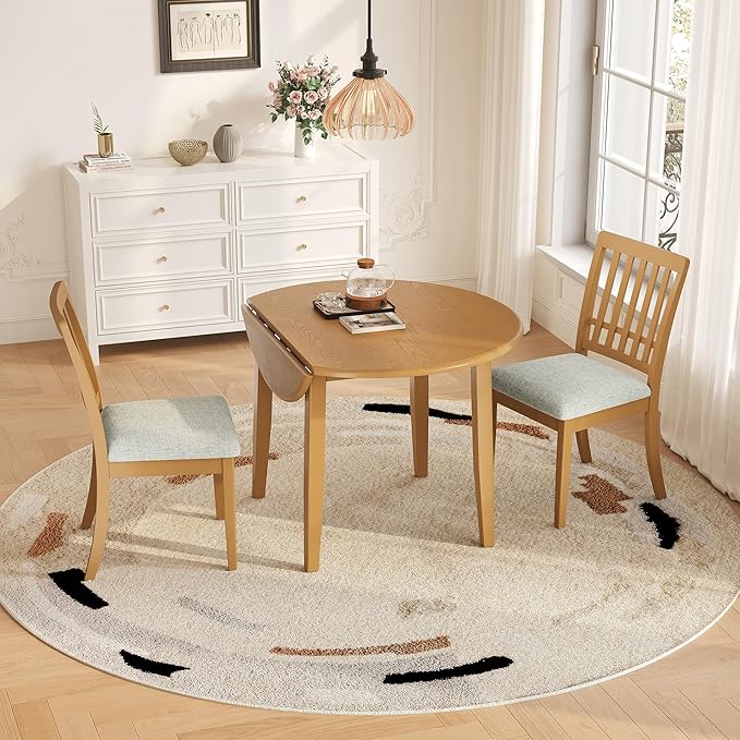 3-Piece Drop Leaf Round Dining Table Set for 2, Farmhouse Kitchen Table Set with Extendable Round Table and 2 Upholstered Chairs. Wood Table and Chairs Set for Dining Room, Living Room, Light Brown