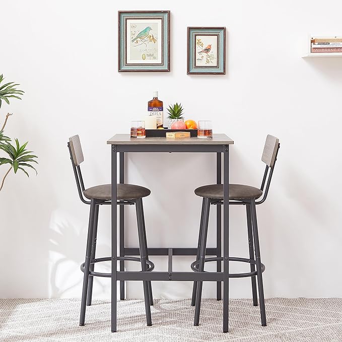 Square Bar Stool Table Set of 2, Dinner Table Set Upholstered Seat with Backrest, Comfortable PU Padded Seat, Height Coffee Kitchen Table Set with Strong Iron Frame Supports 350 lbs, Rustic Brown