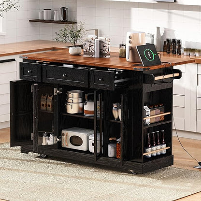 GOWE K&K 53'' Farmhouse Kitchen Island with Two Tempered Glass Cabinet Doors, Power Outlet, Rolling Kitchen Cart on Wheels with Drop Leaf, 5 Open Side Racks, 3 Drawers, for Kitchen, Dining Room, Black