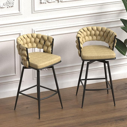 28" Technical Leather Woven Bar Stool Set of 2,Black Legs Bar stools No Adjustable Kitchen Island Chairs,360 Swivel Bar Stools Upholstered Counter Stool Arm Chairs with Back Footrest (Light Brown)