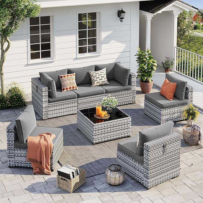 UDPATIO Outdoor Patio Furniture Set, 7 Piece PE Wicker Sectional Sofa with Tea Table, Outdoor Conversation Set with Waterproof Cover for Patio, Garden, Backyard (Grey Cushions with Grey Rattan)