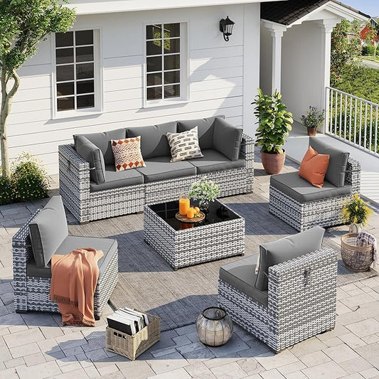 UDPATIO Outdoor Patio Furniture Set, 7 Piece PE Wicker Sectional Sofa with Tea Table, Outdoor Conversation Set with Waterproof Cover for Patio, Garden, Backyard (Grey Cushions with Grey Rattan)