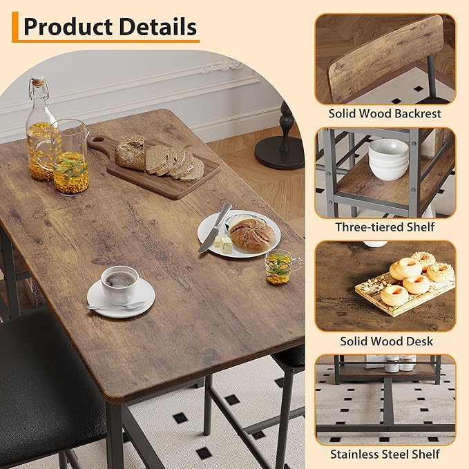 Bar Table Set for 2 with 3 Storage Shelves, Space-Saving Kitchen Table & Chairs with PU Cushions, Thick MDF Wood Top and Steel Frame for Apartment and Bistros - Brown